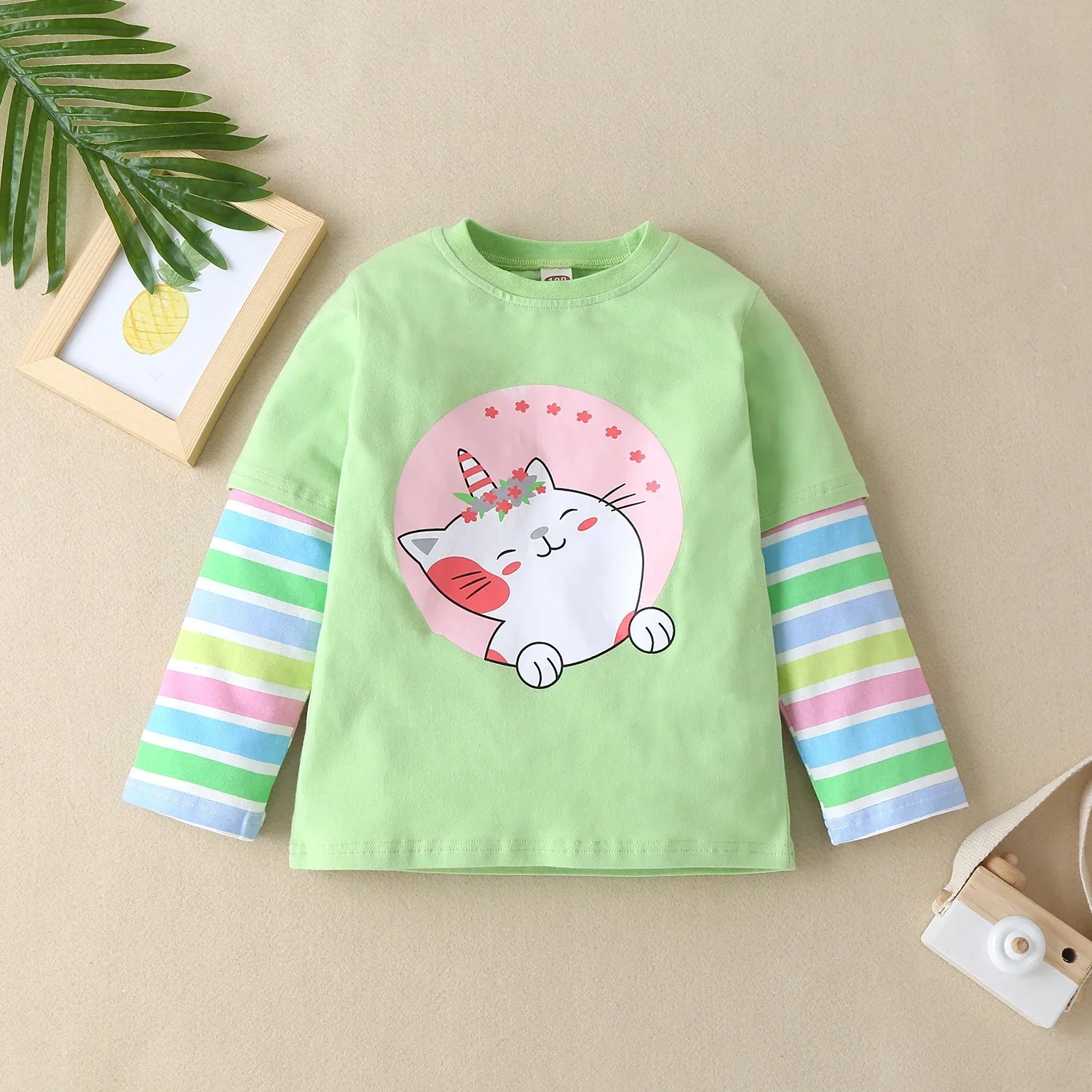 Kids Girls Clothes Autumn Long Sleeve Fake Two Pieces Fashion Casual Cute Children Tops Beautiful Youth Colorful Girls T-shirt