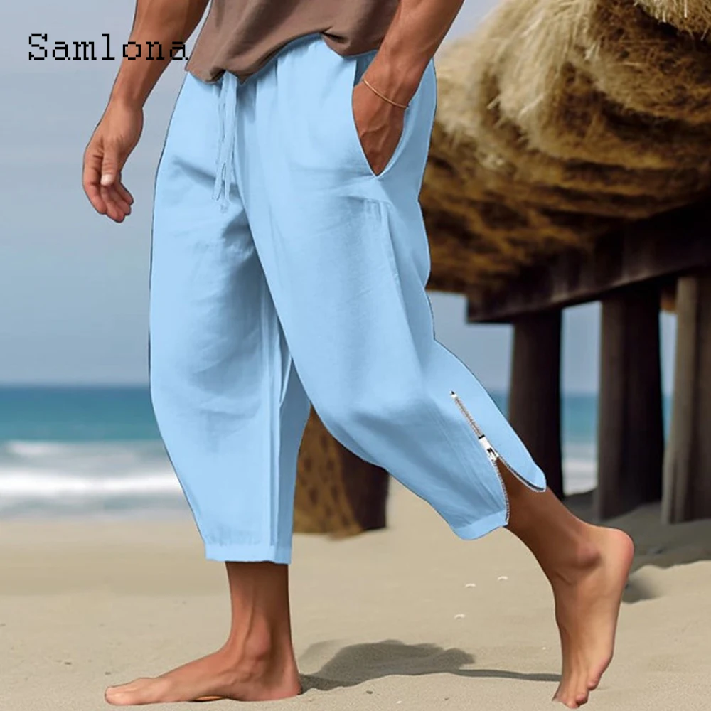 

2024 Men Elegant Fashion Zipper Cuff Linen Pants Solid Elastic Waist Ankle-Length Trouser Plus Size 3xl Mens Casual Sweatpants