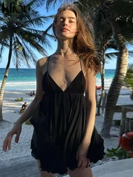 kliou Spaghetti Strap Women Dress Fashion Relax Vacation Bandage Cross Backless V-neck Draped Mini Robe Trend Beach Streetwear