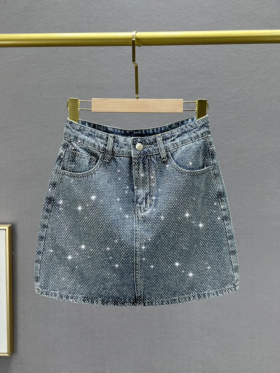 

Джинсовая юбка с высокой талией и облегающим кроем для женщин, новинка лета 2024, с тяжелой алмазной отделкой, А-силуэт