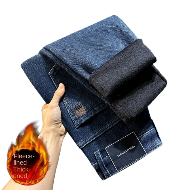 

Winter Jeans Men's Fleece-Lined Thickened Elastic Straight Stretch Keep Warm Comfortable Trendy Casual Fashion Fluff Long Pants