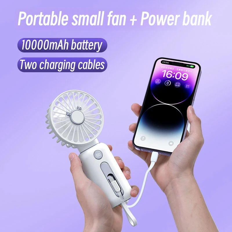 

10000mAh Handheld Mini Portable Small Fan USB Desktop Cooling Fan Home Office Outdoors Air Cooler 3 Speeds Wind Handy Power Bank