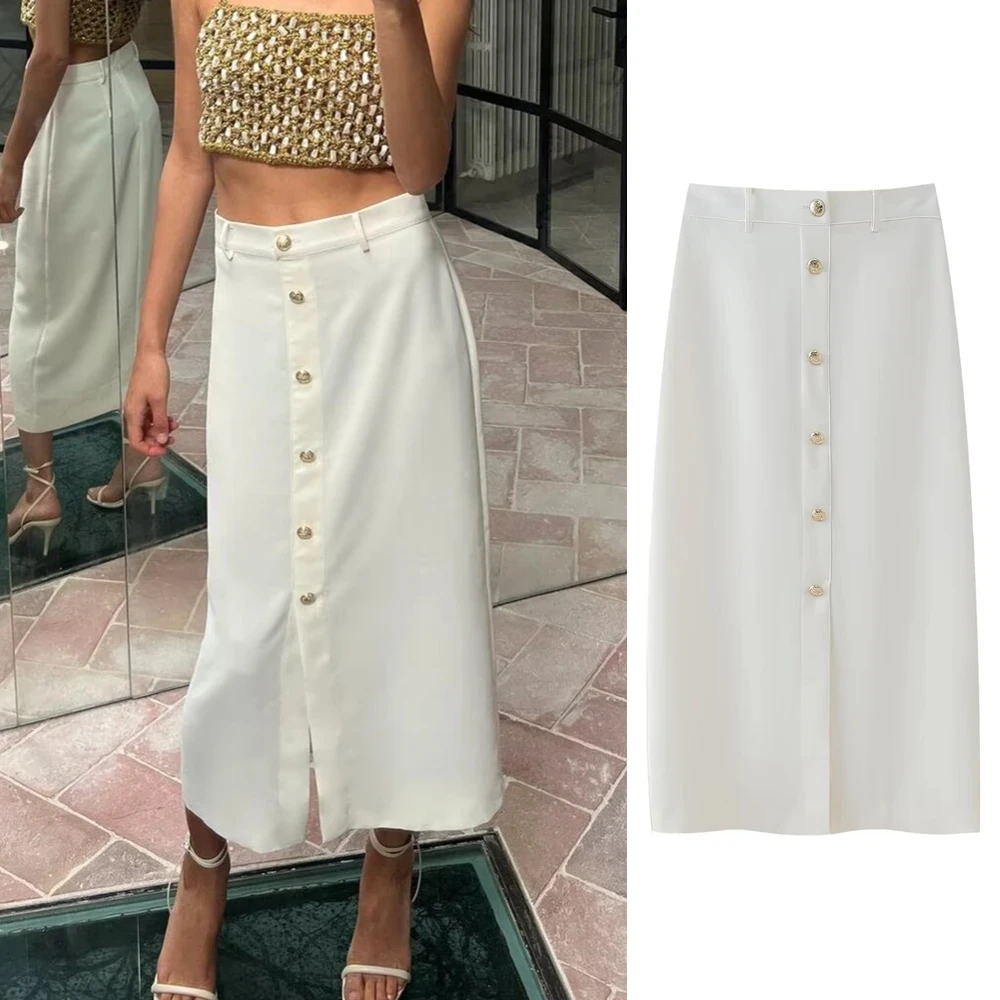 

PB&ZA Women's 2024 Summer New Fashion Temperament High Waist Gold Button Decorated Midi Skirt 9878/106