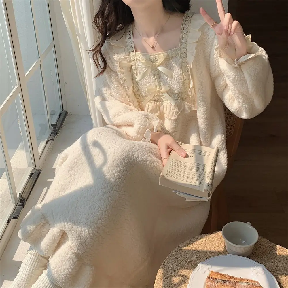 Fleece Women Nightgown Korean Lace Sleepwear Winter Night Dress Knee Length One Piece Pajamas Solid Square Collar Warm Home Wear