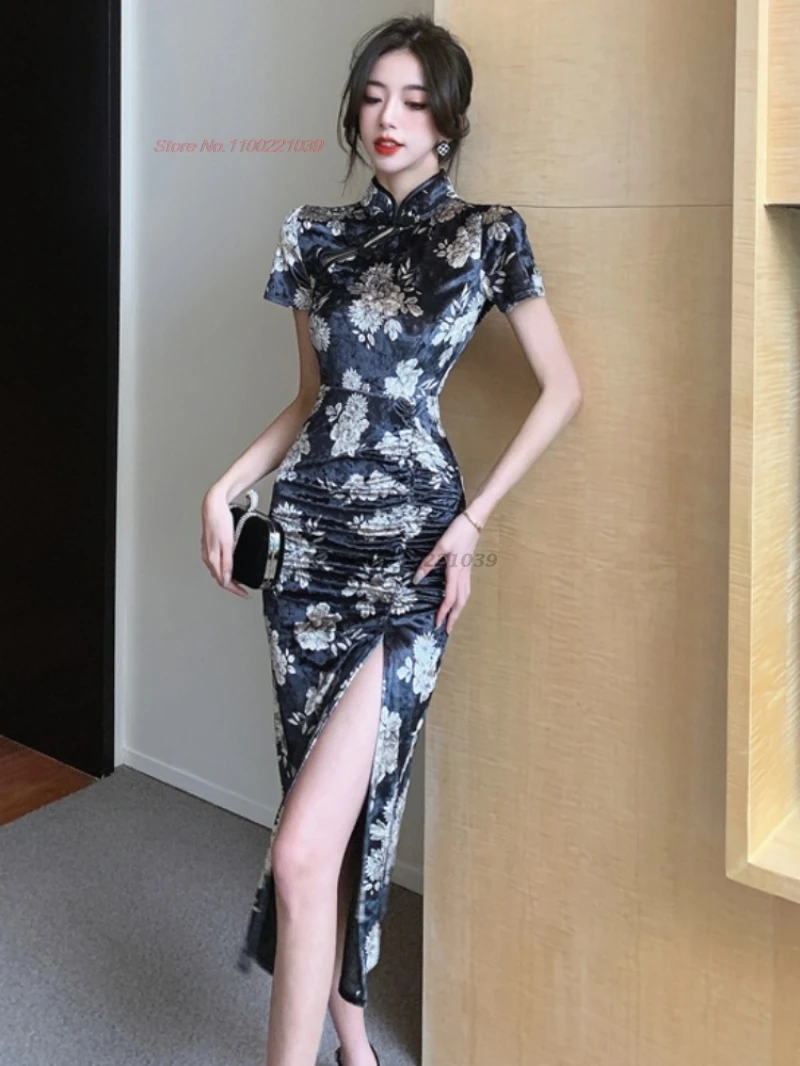 

2025 chinese nightclub dress improved cheongsam traditional flower print velvet qipao dress retro bodycon banquet dress qipao