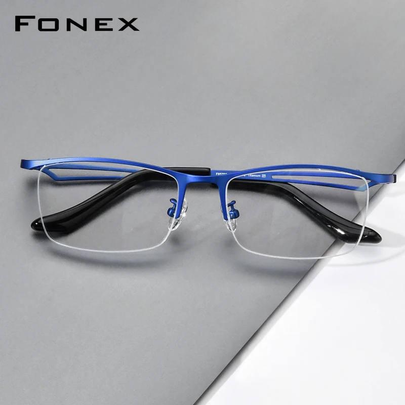 FONEX Titanium Eyeglasses Frame Men Brand Design Semi-Rimless Square Glasses Half-Rim Japanese Ultralight-Weight Eyewear 85769