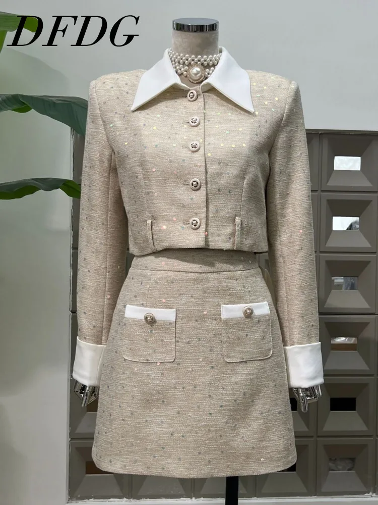 

DFDG Women’s Color Block Woven Sequin Lapel Jacket Patchwork A-line Skirt Two Piece Set Clubwear Casual 2025 Spring Summer Set