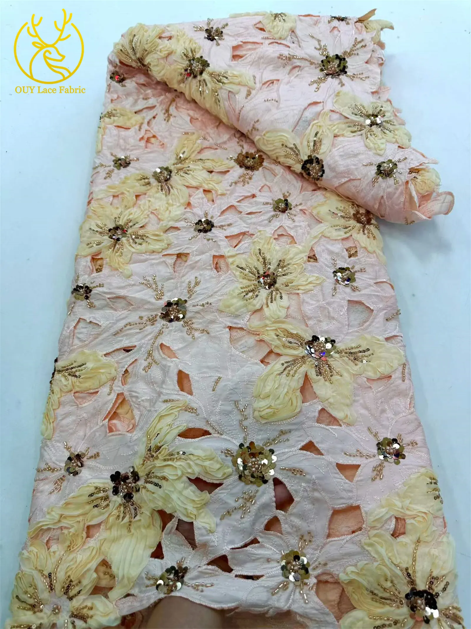 Afrikanischer französischer Stickerei-Spitzenstoff mit Perlen und Pailletten, nigerianischer Tüll-Stickerei-Blumenstoff für Abendkleider, Nähen und Dekoration – Detail 16