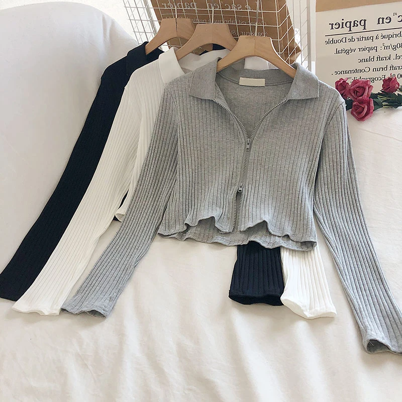 

Korean Style Knitted Cardigans Women Spring Summer Turn-down Collar Double Zipper Long Sleeves T-shirt Sexy Slim Short Tops