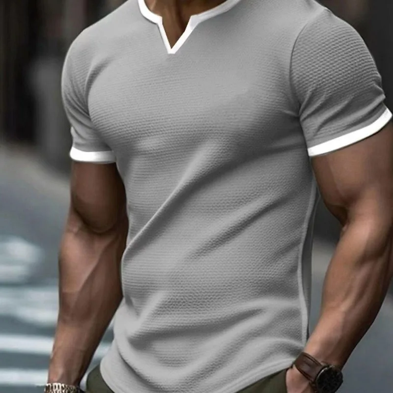 2024 Summer New V-neck Trendy Fashion American Street Solid Short Sleeve T-shirt Men\'s Casual Loose Sports Quick Drying Thin Top