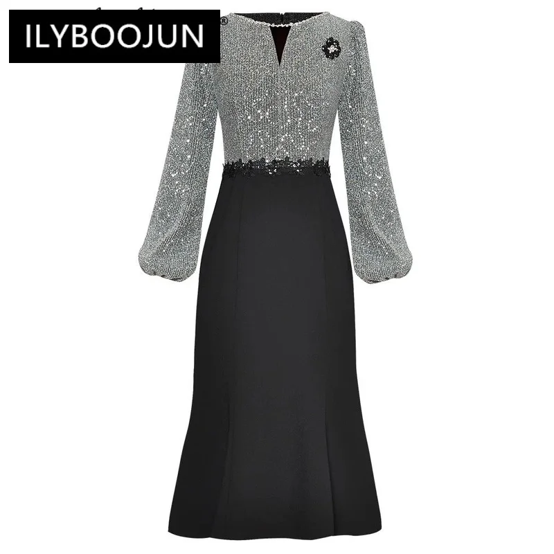 

ILYBOOJUN Fashion Designer Early Autumn Mermaid Dress Women O-Neck Lantern Sleeve Diamonds Sequins Patchwork Office Lady Dress