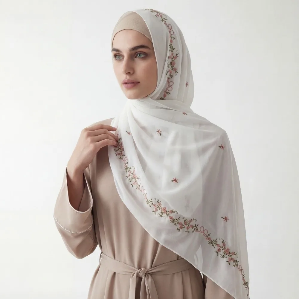

Fashion Solid Color Floral Headscarf Embroidery Mesh Thin Long Scarf Ethnic Style Flower Shawl Daily Wear