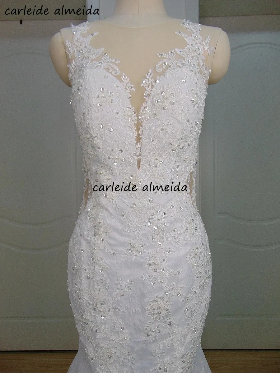 Mermaid Lace Vestido de Noiva com Bead Appliques, colher Sheer Tulle Back, Tribunal Trem Vestidos De Noiva