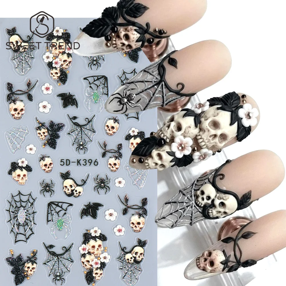 SWEET TREND-Halloween Nagelaufkleber 5D Geprägte Gothic-Punk Selbstklebende Geister-, Totenkopf-, Rosen- und Blumendekorationen Maniküre-Nagelzubehör