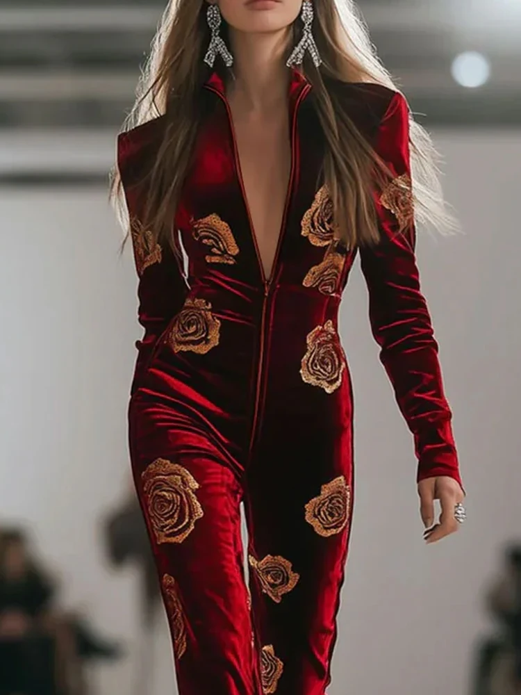 أنيقة المرأة المخملية حللا مثير سستة العميق الخامس الرقبة قطعة واحدة الزي زهرة واسعة الساقين السراويل الطويلة بذلة حزب كلوبوير