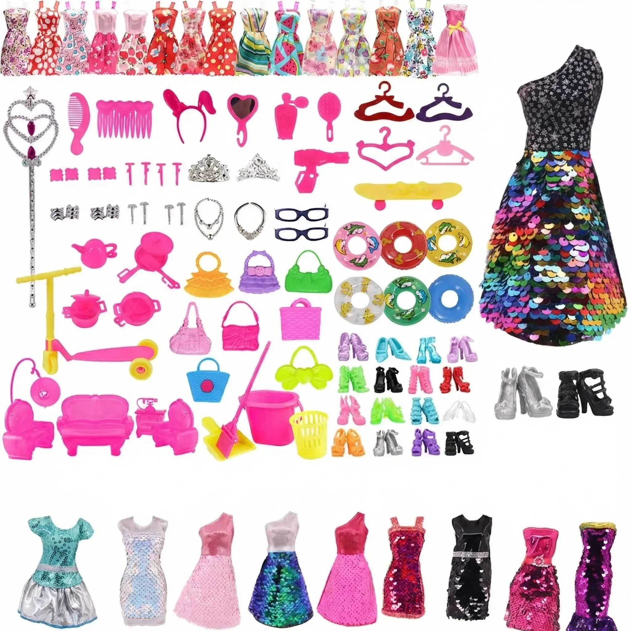 77Pcs Doll Accessories=One Sequin Skirt+76 Piece Dresses Accessories,For 30cm&11.8inch doll BJD Doll Set ,Girl Toy Gift Festival