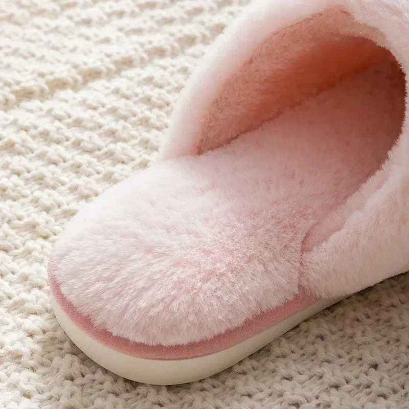 Women Men Winter Warm Slippers Cartoon Rabbit Furry Thick Soled Slippers Home Cotton Shoes Couples Non-Slip Faux Fur Slides