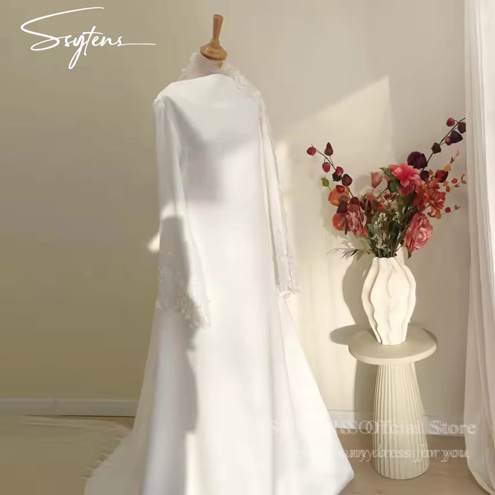 SSYTENS Bescheidene Arabische Hochzeitskleider Spitze Lange Ärmel A-Linie O-Ausschnitt Muslimische Braut Einfache Weiße Elfenbeinfarbene Maßgeschneiderte Brautkleider