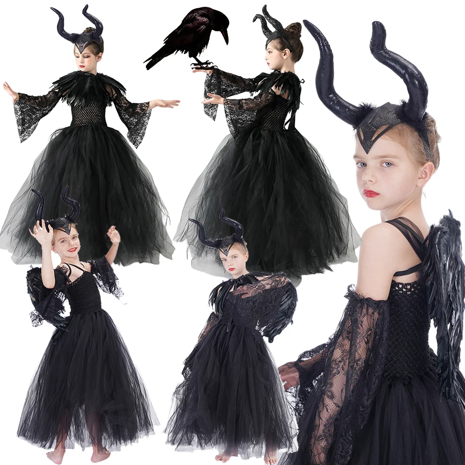 

Kids Maleficent Girls Costume Dress Deluxe Mesh Dress Halloween vampire Cosplay Dress Gown Kids Demon Queen Witch Crow Clothes