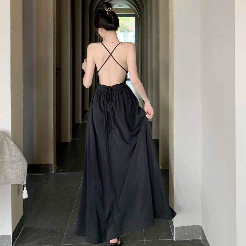 Elegant Black Long Bodycon Dress for Women Slim Sleeveless Fashion Backless Solid Party Evening Prom Dresses New Summer 2023