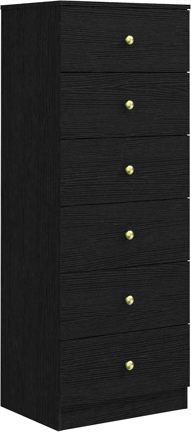 Modern 6-Drawer Vertical Dresser, Tall Wood Chest with Gold Handles for Bedroom, Living Room, Office Storage