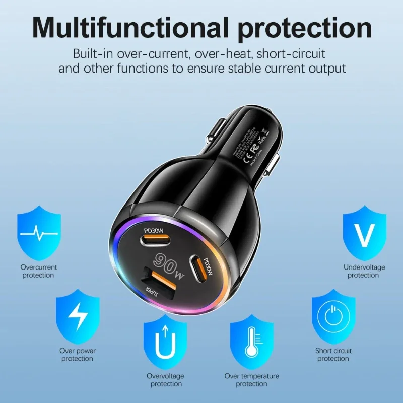 Caricabatteria da auto a 3 porte da 90 W Caricatore super veloce QC3.0 PD30W PPS Caricatore rapido per accendisigari ad alta potenza per iPhone/Huawei/Samsung