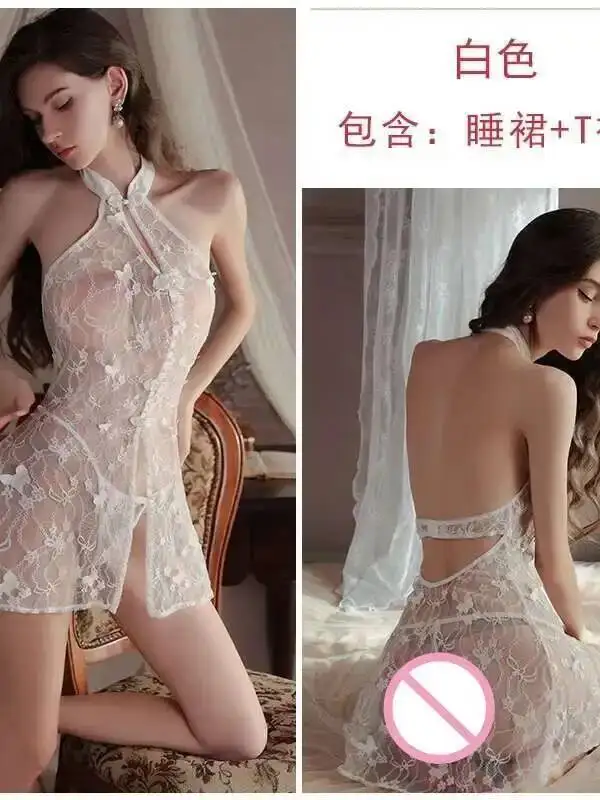 Nuovo Sexy 2025 Semplice Retro Del Collare Del Basamento Backless Del Merletto Sheer Cheongsam delle Donne Cinching Vita Sottile di Colore Solido Abito Corto O93K
