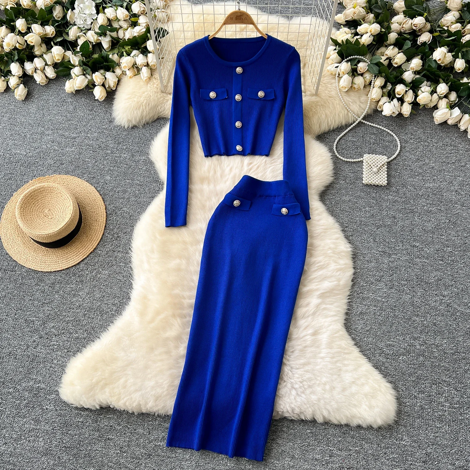 Chic Knit Women Two-Piece Sets Vintage O-neck Metal Buttons Top High Waist Skirt Korean Streetwear High Street Autumn Clothing