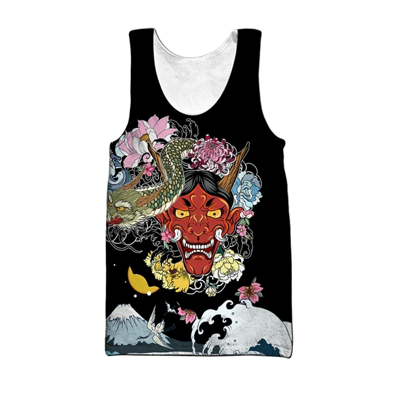 Samurai Oni Mask Tattoo Japanese 3D Print Men\'s Vest Summer Harajuku Sleeveless T-shirt Men Clothing Unisex Casual Tank Tops 4XL