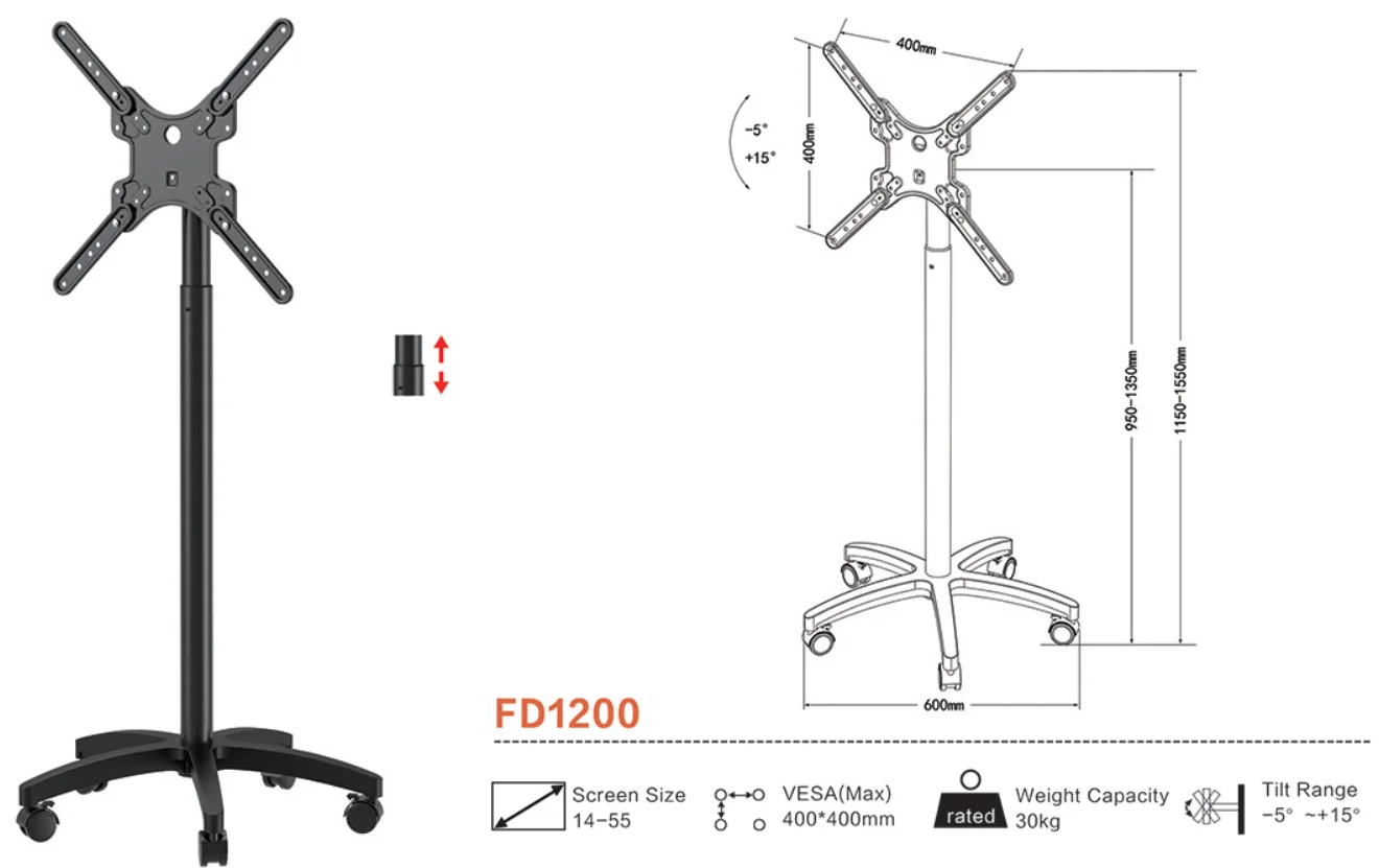 Mobile Swivel Lcd Display Mount Portable Tv Stand Adjustable Tilting Trolly Wheels Rolling Tv Cart Floor Stand