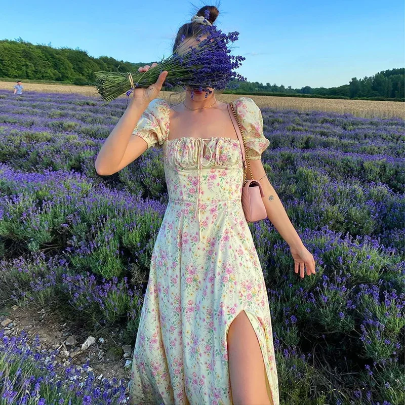 Europäische und amerikanische Frauen lange Frauen neues Kleid Sommer kurz ärmel ige französische frische Blumen rock quadratischen Hals Kleid YBF13-3