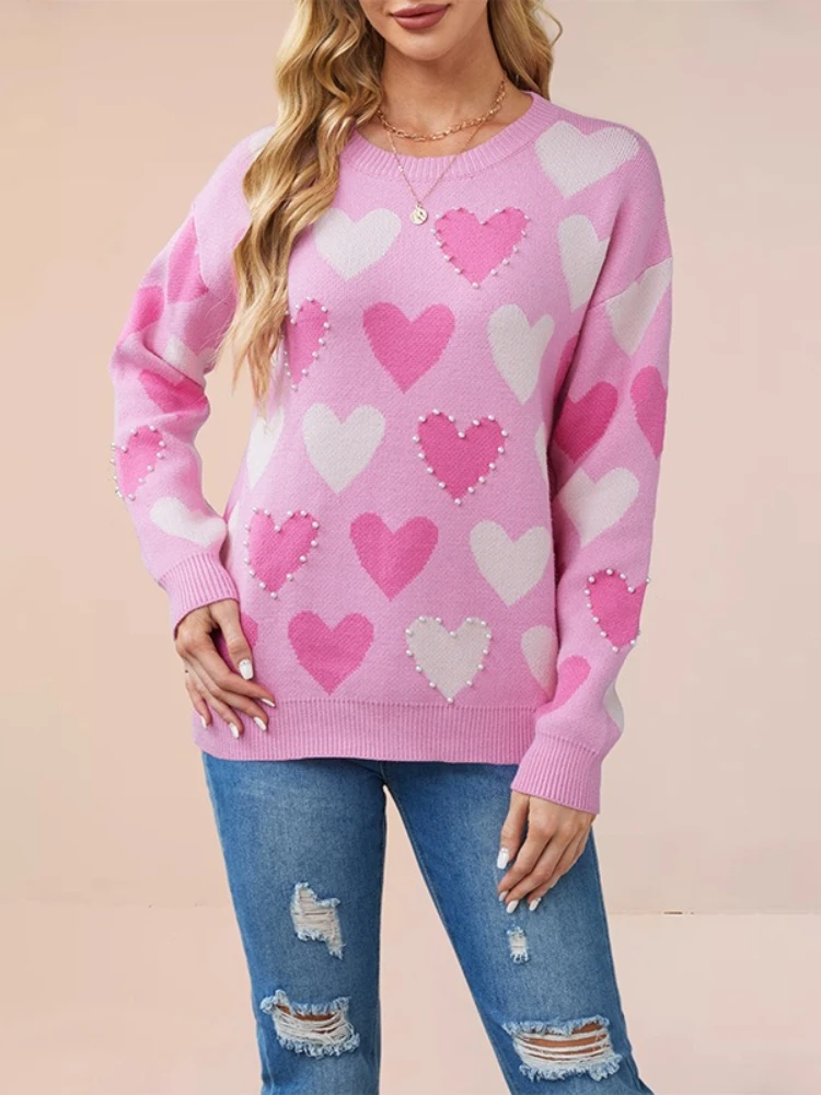 Spring Autumn Women's Knit Casual Pullovers Fashion Heart-Shaped Pattern Long Sleeve Tops Loose Sweaters for Women Clothing