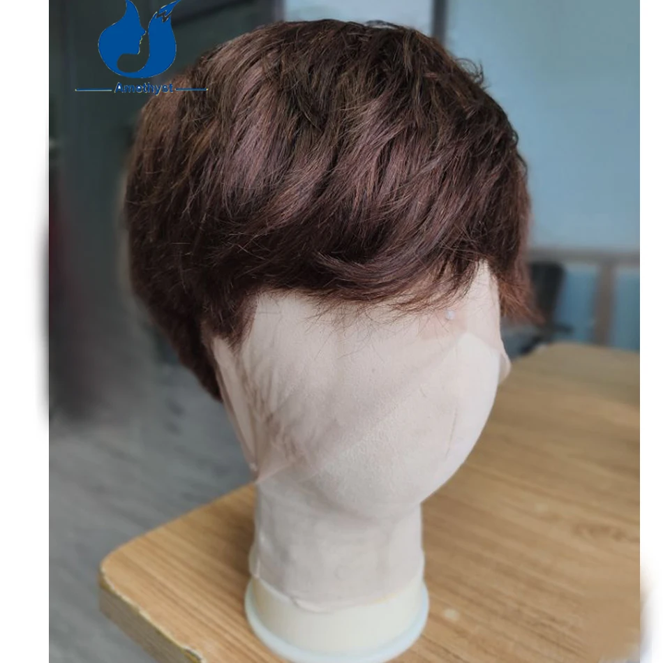 

Предварительно стилизованный короткий коричневый парик с аметистом и стрижкой пикси с бакенбардами для мужчин, бразильские волосы Remy, полный парик с кружевной челкой, прямой