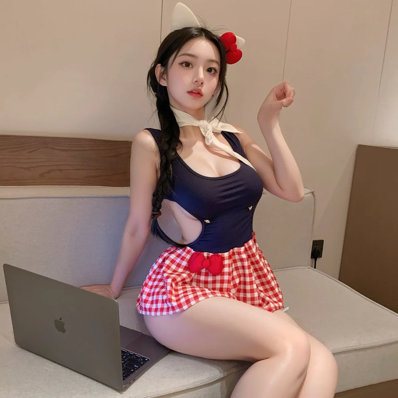 Sexy Kitty-chan Patchwork Nightgown Sexy And Flirty Backless Deep V Suspenders Sleeveless Dress Pure Desire Charming Sweet LPXJ