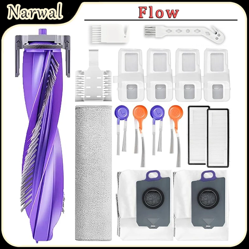Accessoires pour robot aspirateur Narwal Flow : brosse latérale principale, filtre, chiffon de nettoyage, sacs à poussière, bac à poussière, pièces de rechange pour filtre d'évier