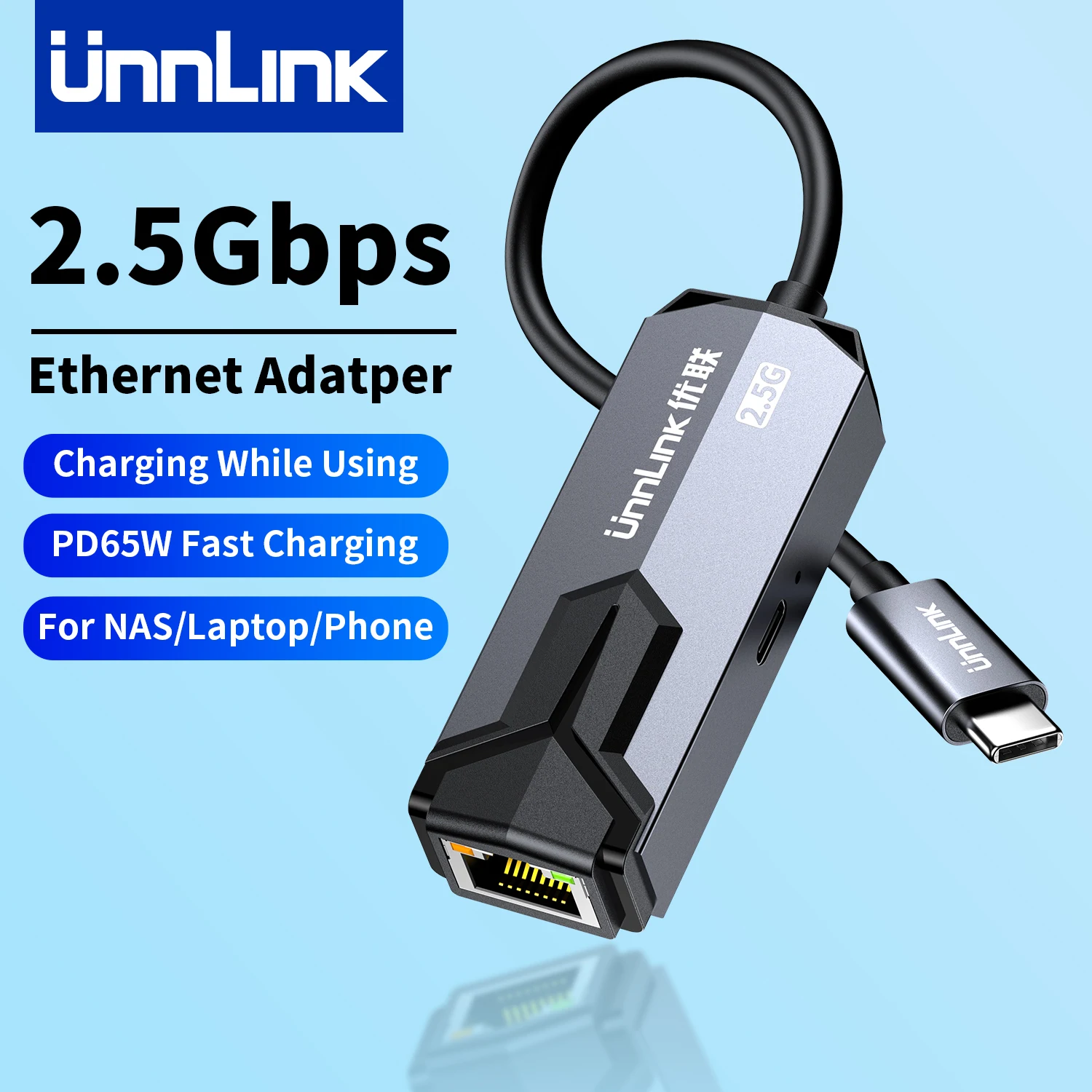 

Unnlink 2,5G USB Ethernet-адаптер USB C до 2500 Мбит/с Rj45 + PD 65 Вт Зарядная сетевая карта для портативного ПК NAS-сервера