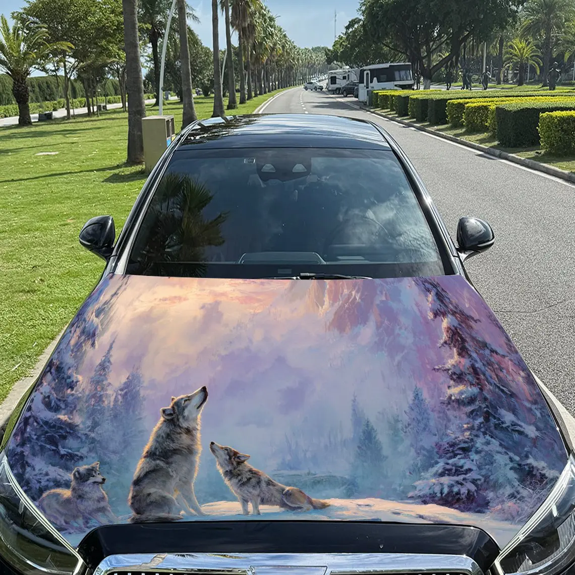 

Snowy Wolf Howling PVC Car Hood Wraps, Self-Adhesive Waterproof Car Bonnet Decal Sticker, Car Decoration Protection Stickers for