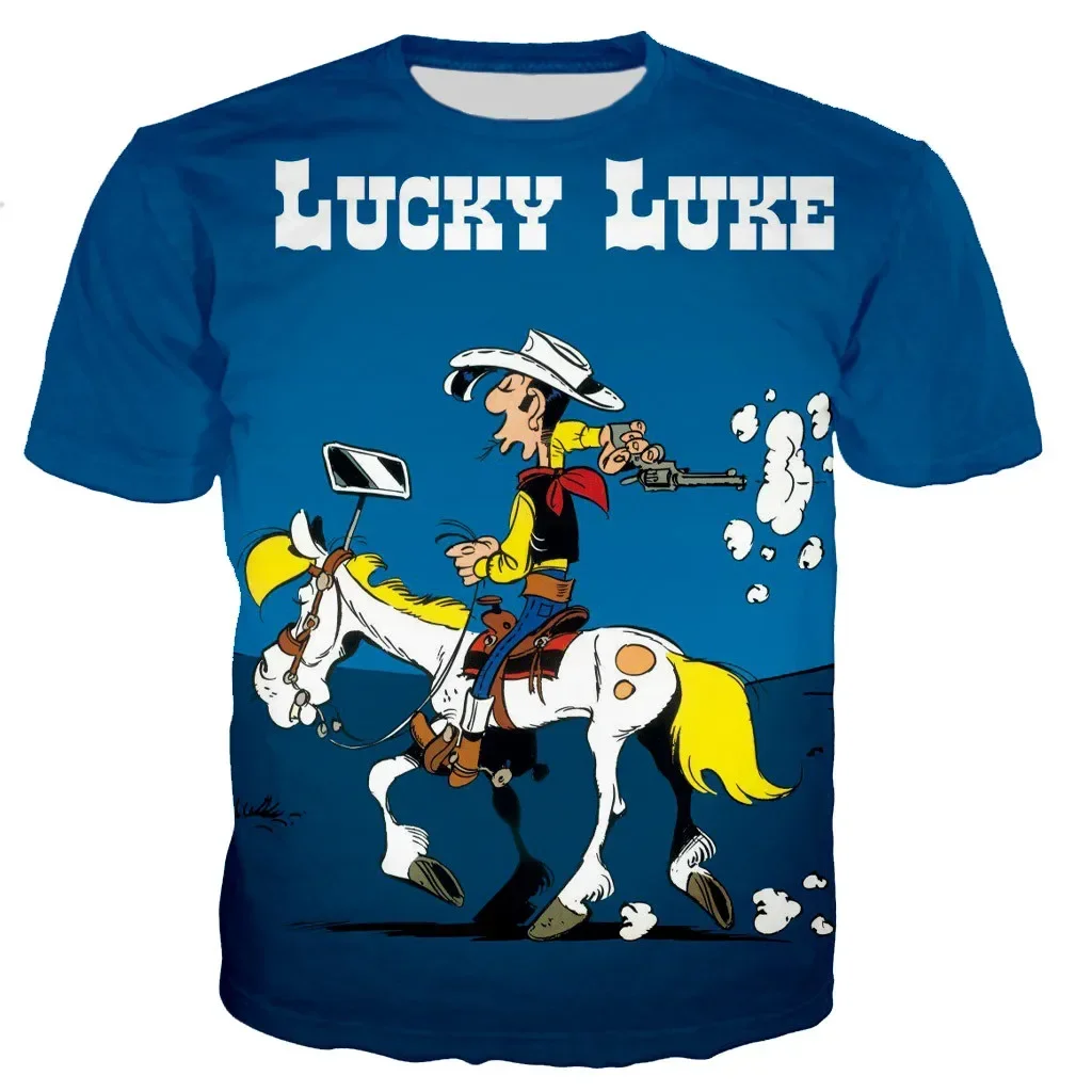 Trend New Lucky Luke Cartoon Animation 3DT T-shirt Print Street Wear Men's and Women's Fashion Oversized Crew Neck Short Sleeve