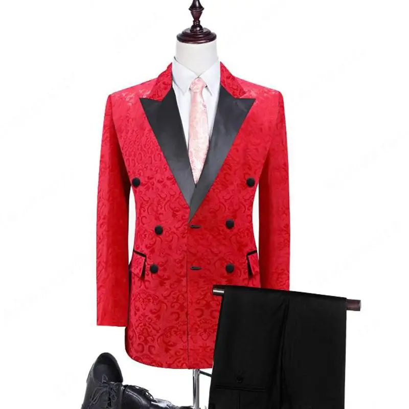 

Red Jacquard Men Suit Tailor-Made 2 Pieces Blazer Pants Tuxedo Double Breasted Business Work Fashion Wedding Groom Prom Tailored