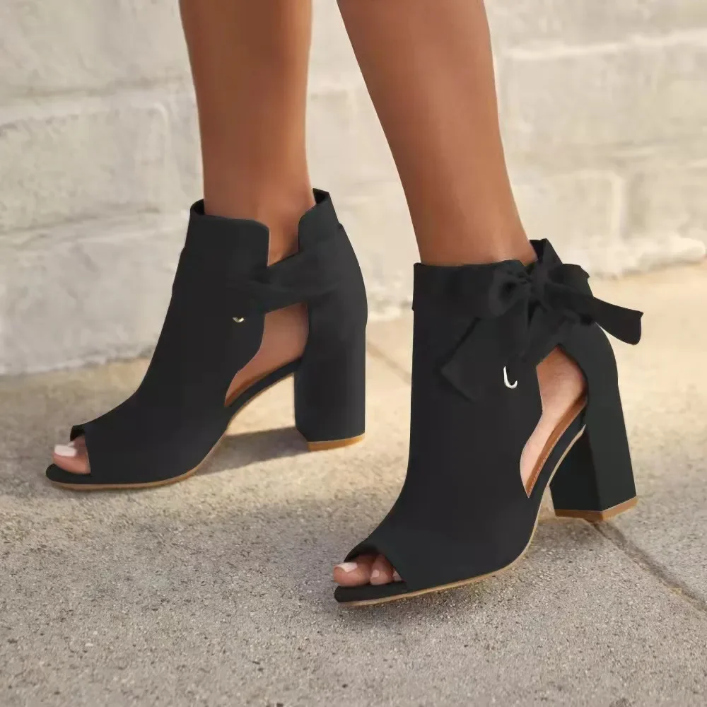 New Fashion Women High Heel Shoes Female Luxury New Woman Comfort High Heels Buckle Fish Mouth Ankle Strap Suede Bow Sandals