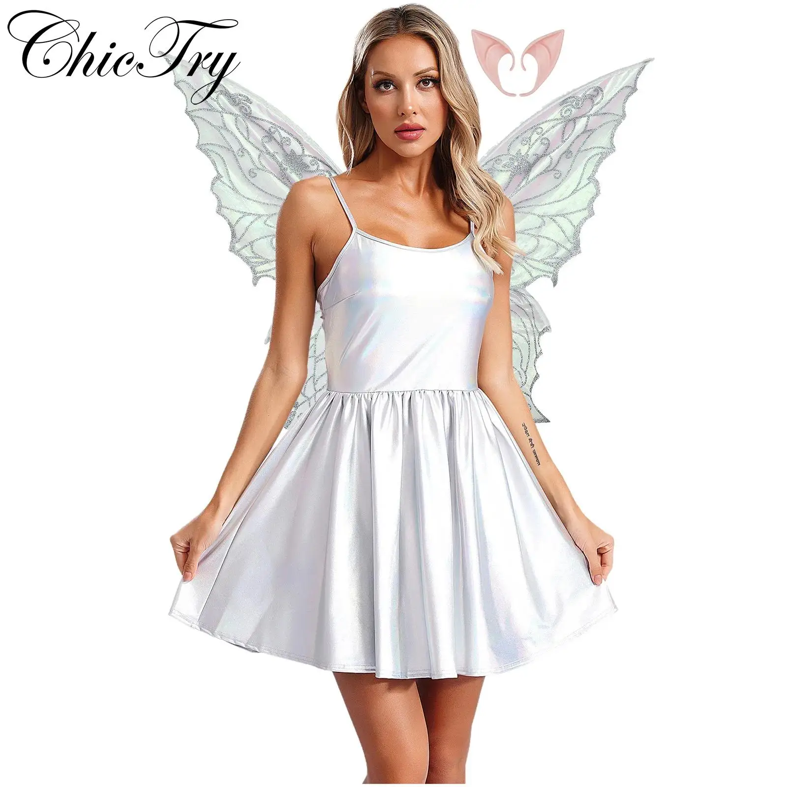 

Women's Fairy Cosplay Costume Butterfly Wings Fairy Ears Metallic Mini Dress Set Halloween Carnival Roleplay Outfit Dress Up