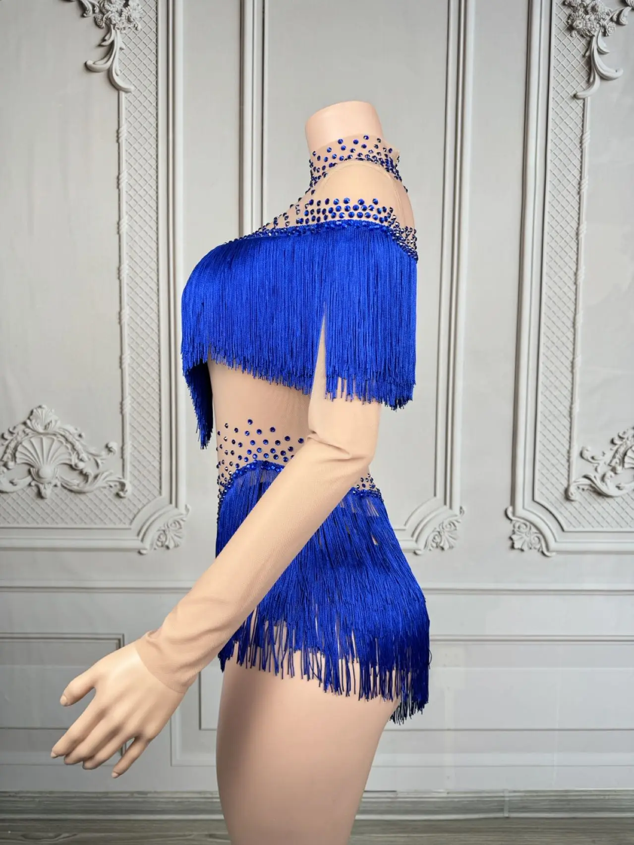 Sparkly Rhinestones Tassels Bodysuit for Women Sexy Mesh Performance Dance Costume Dancer Stage Wear Nightclub Outfit