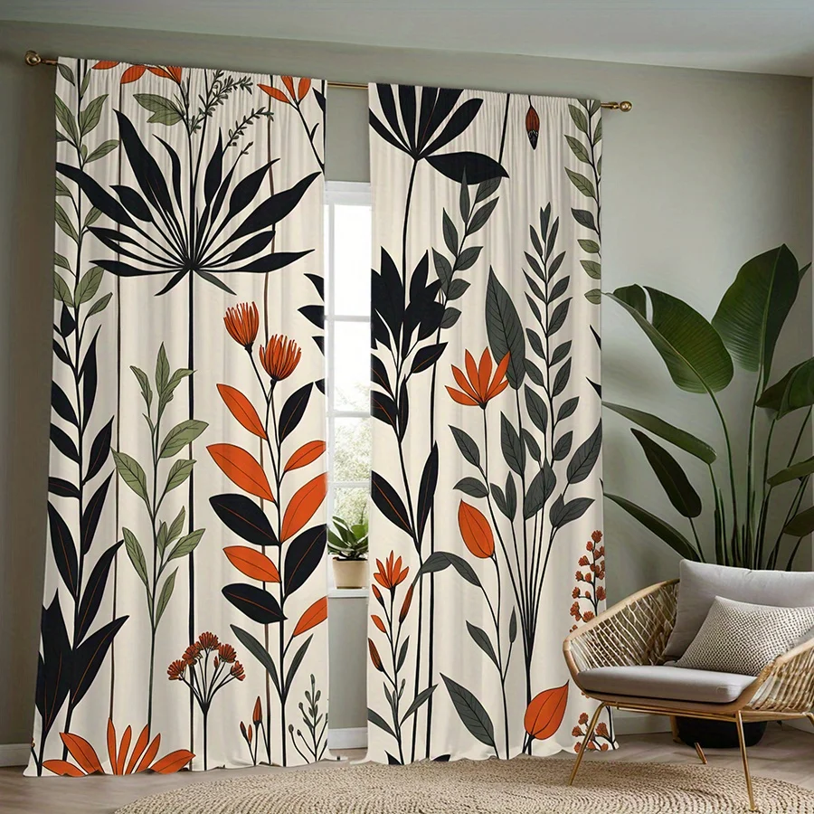

2pc Vintage floral and leaf pattern curtains, polyester fabric, machine washable, suitable for bedroom living room decoration