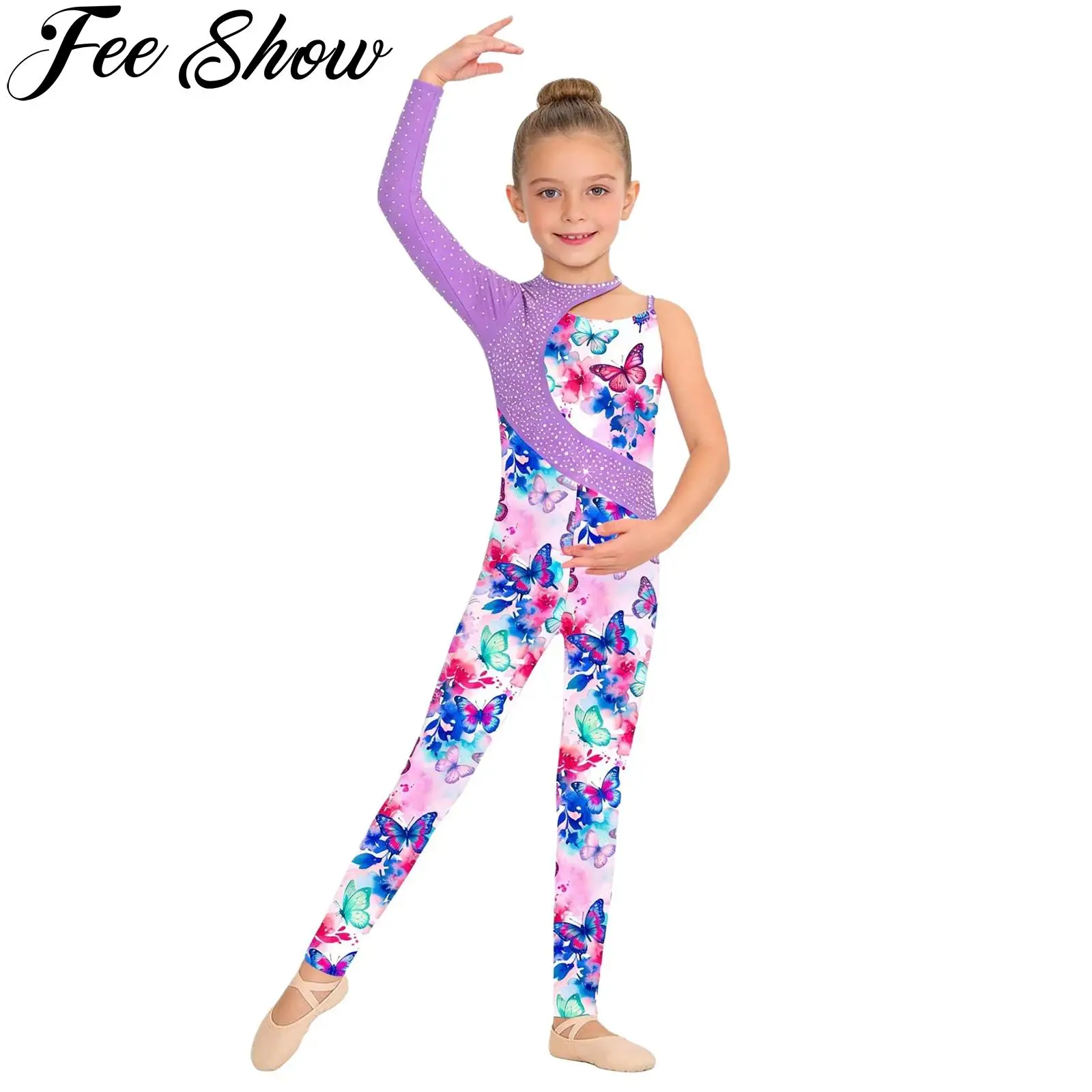 

Детский гимнастический купальник для девочек с блестящими стразами и принтом, комбинезон для балета, фигурного катания, акробатики и тренировок