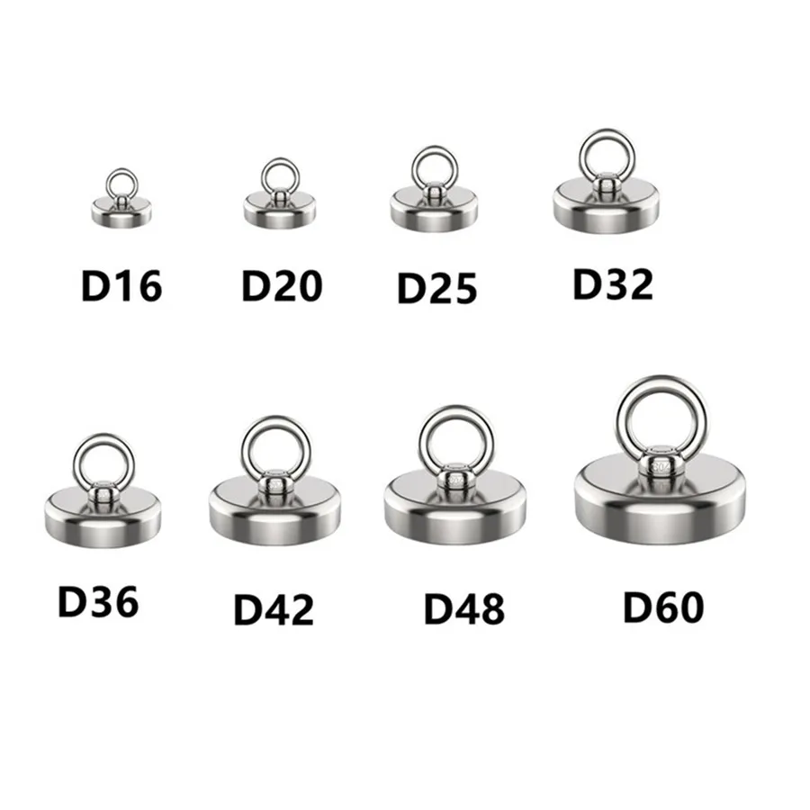 N42 Strong Neodymium Salvage Magnet Fishing Magnets With Stainless Steel Ring Eyebolt Magnetic Hook Holder Dia 16mm-60mm