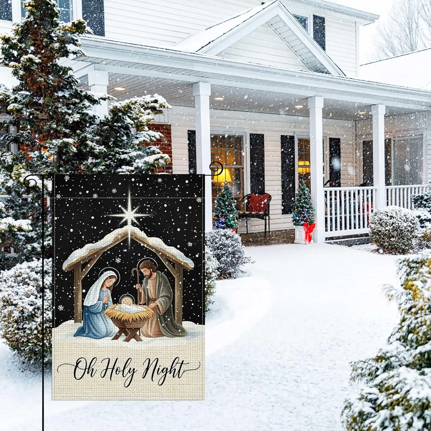 Christmas Nativity Silent Oh Holy Night Garden Flag 12x18 Inch Double Sided,Jesus Nativity Christian Winter Garden Flags for GGO