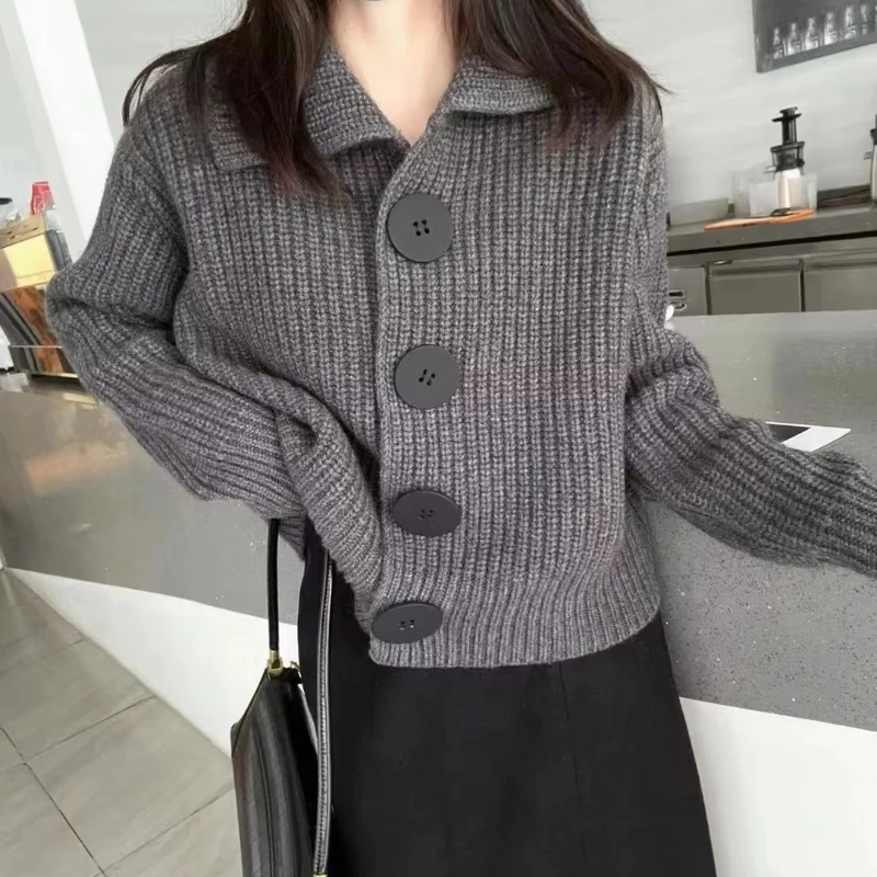 Women Knit Cardigan Women Solid Long Sleeve Loose Fashion Single-breasted Turn-Down Collar Sweater Coat