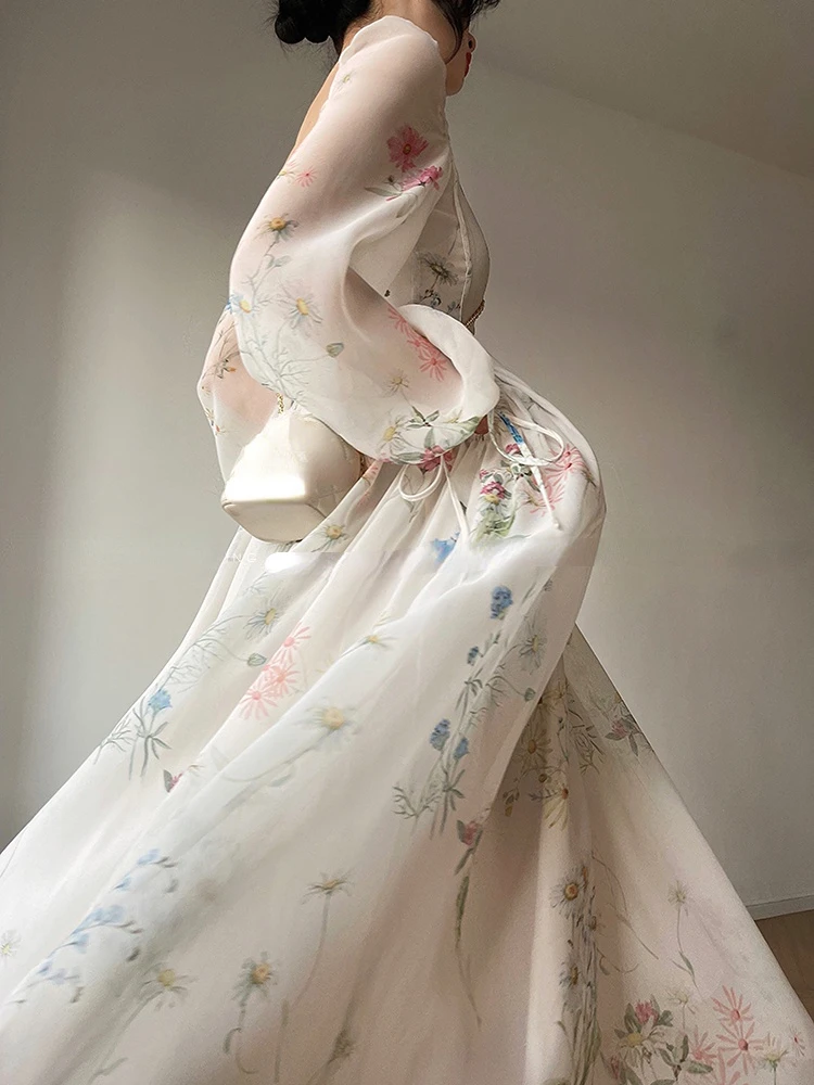 elegant midi dress korean French Elegant Floral Midi Dress Chiffon Long Sleeve Evening Party Dress  Woman Beach Fairy One Piece Dress Korean 2026 Summer