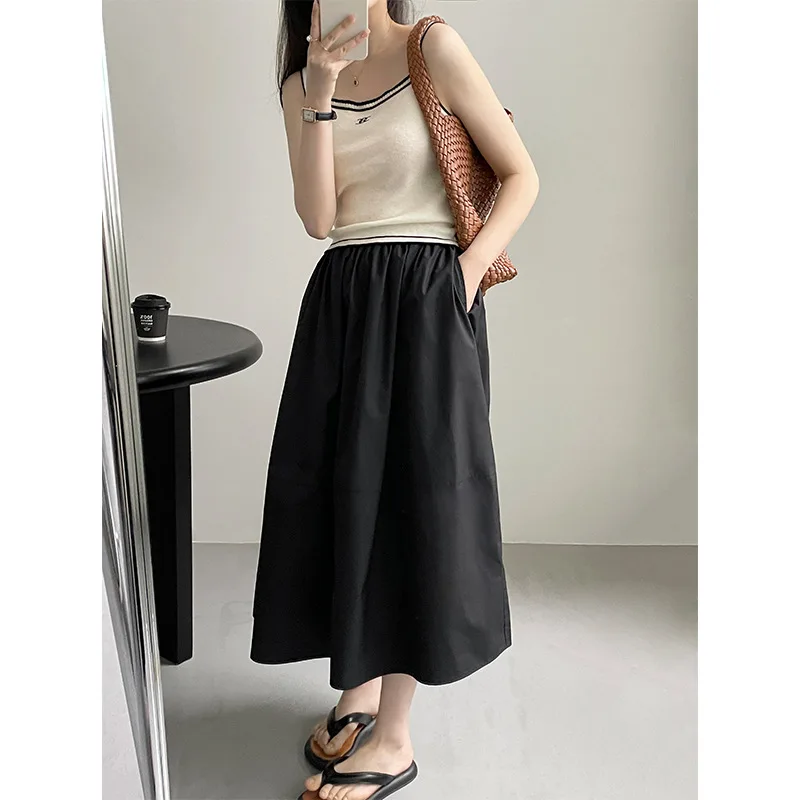 2023 Women White Long Skirts Solid Color Women Cotton Skirts Stretch High Waist A-Line Skirts Faldas Femme Streetwear