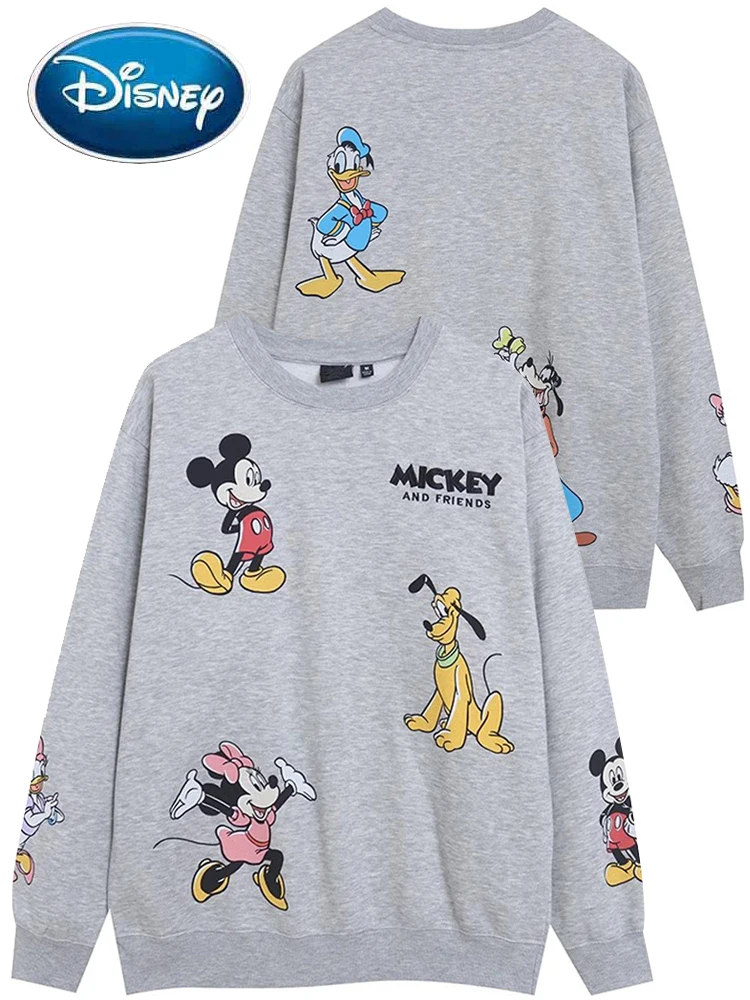 Disney Family Mickey Mouse Letter Cartoon Print Embroidery Sweatshirt Women Long Sleeve O-Neck Pullover Fleece Jumper Tops Gray